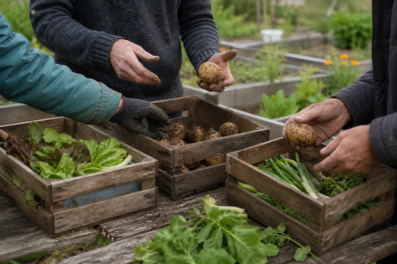 Several gardeners sorting potatoes, salad leaves and spring onions into wooden crates
